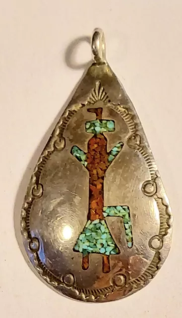 Southwest Sterling Silver Vintage Turquoise coral inlay Pendant handmade