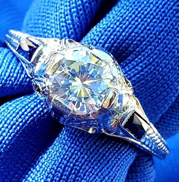 Genuine Diamond Deco Engagement Ring Vintage Sapphire Solitaire 14k White Gold 5