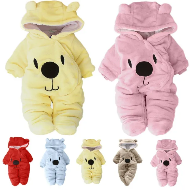 Newborn Baby Girls Boys Cartoon Bear Hooded Jumpsuit Romper Plush Warm Winter UK