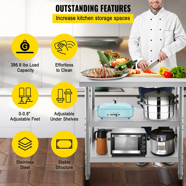 VEVOR 24"x14" Stainless Steel Work Table 2 Shelves Commercial Kitchen Food Prep 3