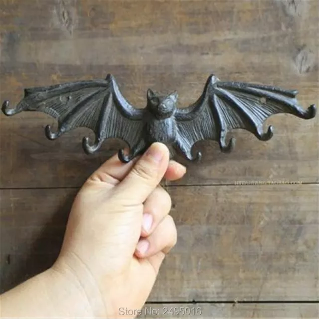 Cast Iron Wall Mount Bat Wings Key Hooks Dark Brown Rustic 8 Hook Hanger Decor