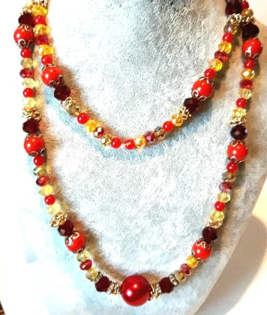 Sautoir Anabella - Perles, Strass Et Cristal Rouge/jaune - Bijou Fantaisie Neuf Avec étiquettes