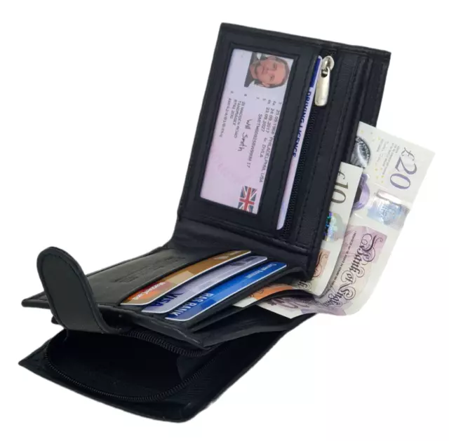 Mens RFID BLOCKING Real Leather Wallet Zip Coin Pocket Purse ID Window 42 Black