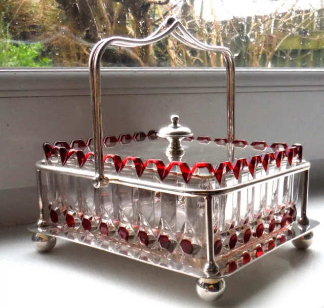 Victorian Silver Plate/Ruby Glass Sardine/Butter Server Vgc