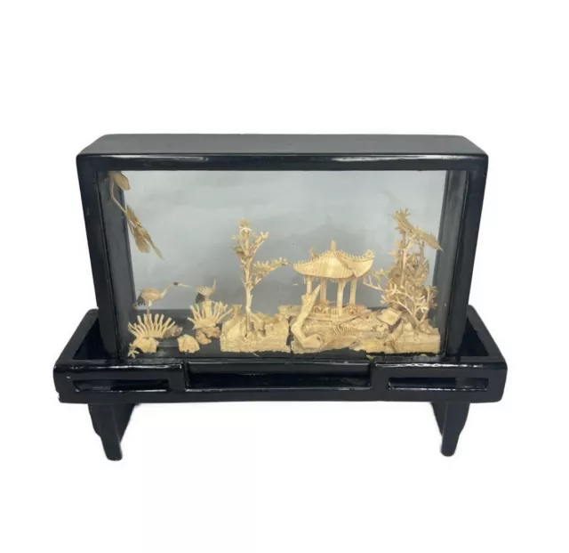 Chinese Cork Carving Diorama Vintage 1950s Laquer Shadowbox Asian Garden 6 Inch