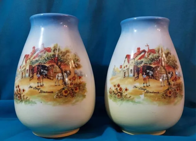 ~VINTAGE Crown Dresden Ware ENGLAND RURAL SCENE Vases Set - VGC~