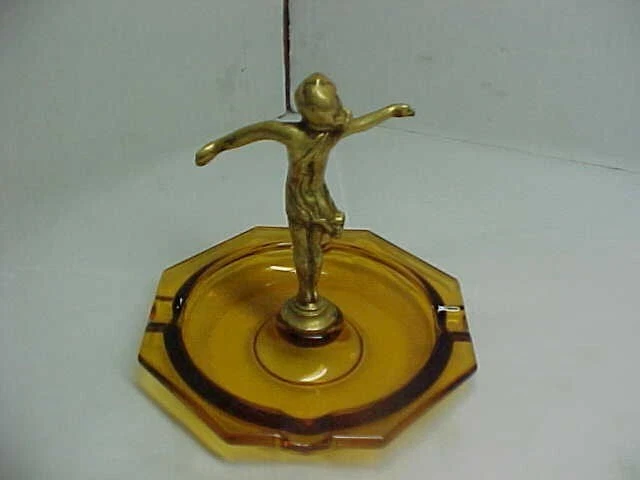antique art deco ash tray brass & glass art nouveau