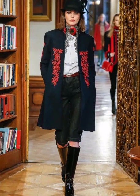 Nuevo Con Etiquetas Iconos Runway Chanel Azul Marino Rojo Lana Sobre Abrigo 38