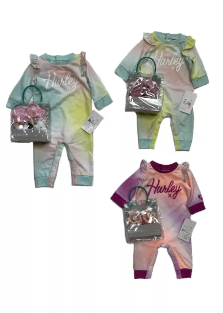 NWT Hurley Baby Girls Long Sleeve Tie-Dye Rompers & ROBEEZ Snap Bootie Sz 3M, 6M