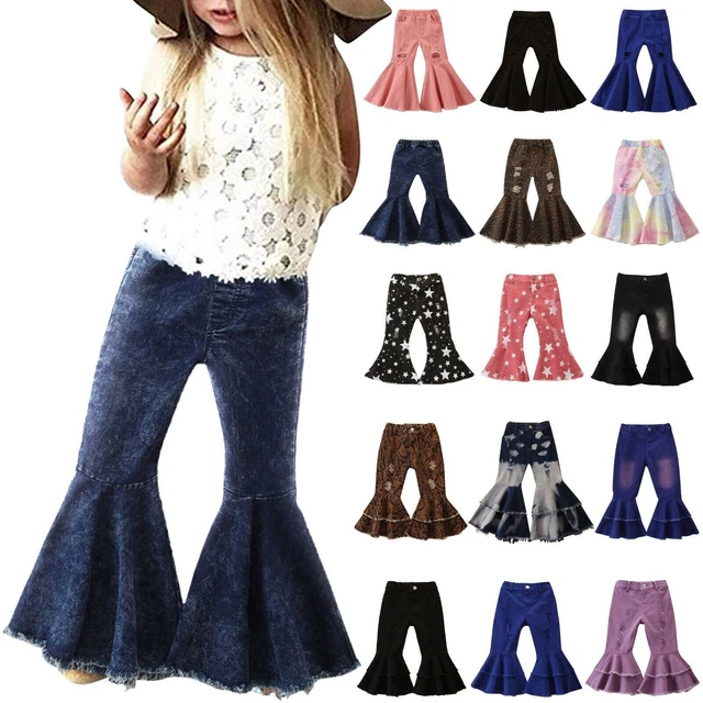 Toddler Denim Bell Bottom Pants Baby Girls Trousers Two Ruffles Flare Rip Jeans