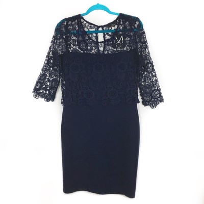 NWT Mlle Gabrielle Navy Blue Lace Overlay Top Midi Fitted Dress Size Medium