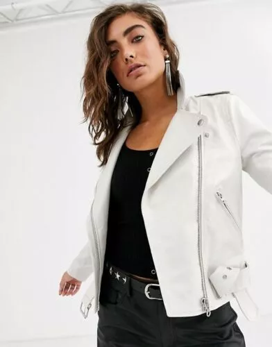 Womens Leather Jacket White Biker Moto Lambskin Size S M L XL XXL 3XL Custom Fit