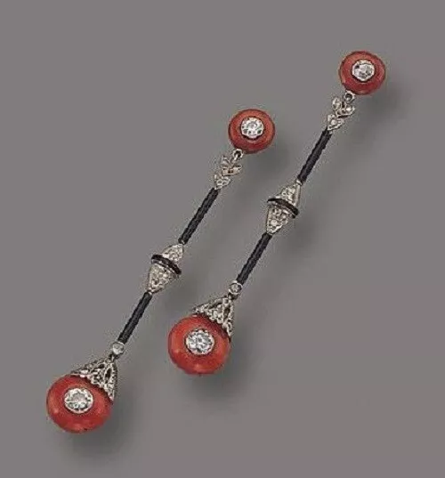 Platinum Plated 1CT Old Mine Cut Diamond, Coral & Onyx Art Deco Dangle Earrings