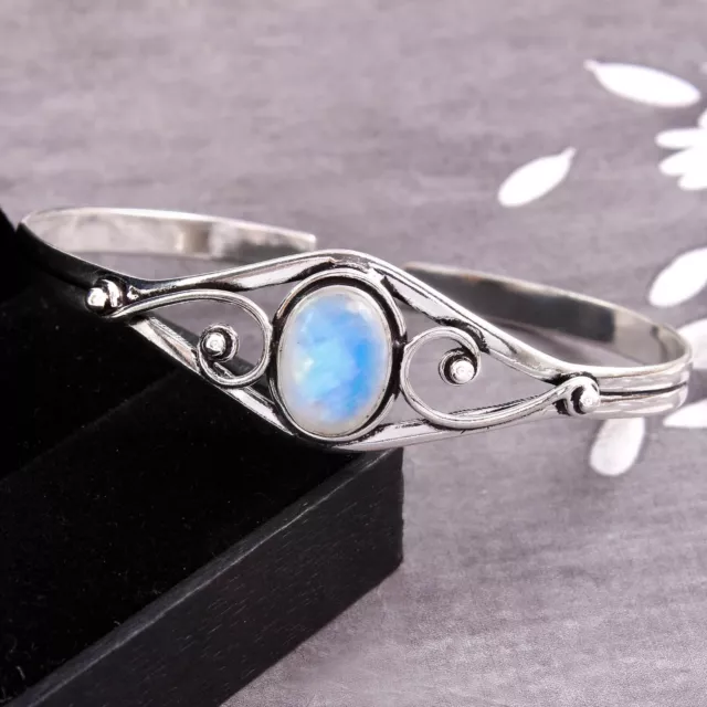 Rainbow Moonstone Gemstone 925 Sterling Silver Handmade Cuff Bracelet