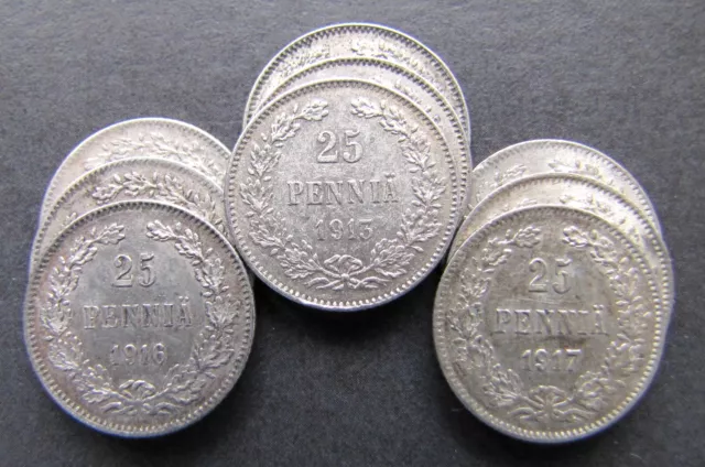 ✔ Lot of 3 Silver coins 25 Pennia 1913, 1916, 1917w/o crown FINLAND under RUSSIA