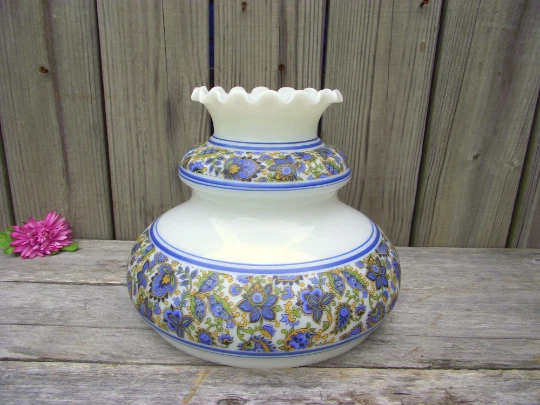 Antique Blue Flower Milk Glass Country Cottage Chic Lamp SHADE 10" fitter Light