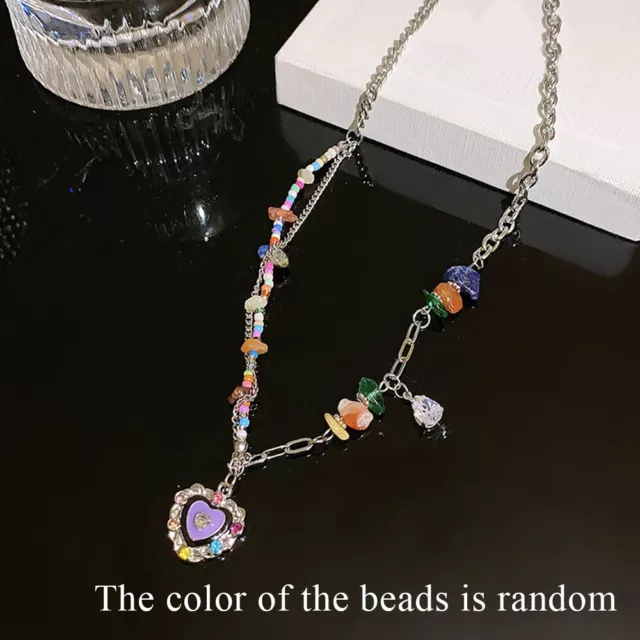 Pendant Colorful Beaded Stainless Steel Necklace Love Heart Stone Chain Y2K