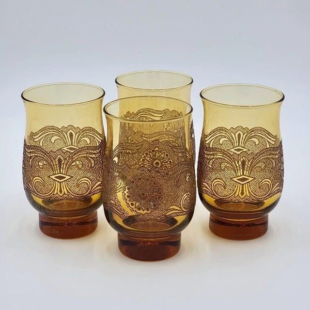 Vintage Libbey Americana Amber Lace Tumbler Lot Drinking Glasses MCM Barware