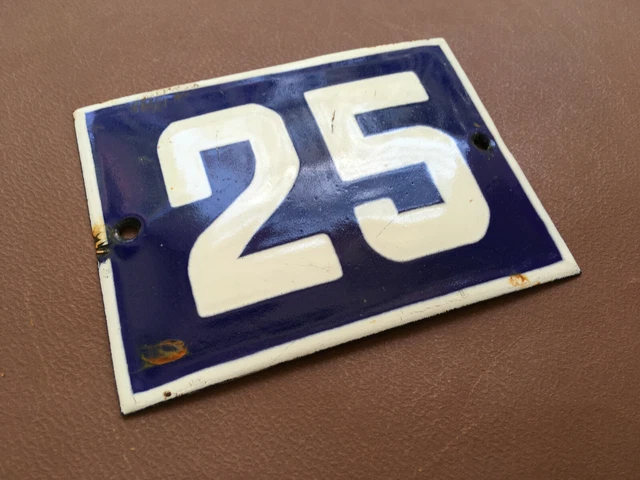 ANTIQUE VINTAGE FRENCH ENAMEL SIGN HOUSE NUMBER 25 DOOR GATE SIGN BLUE 1950's