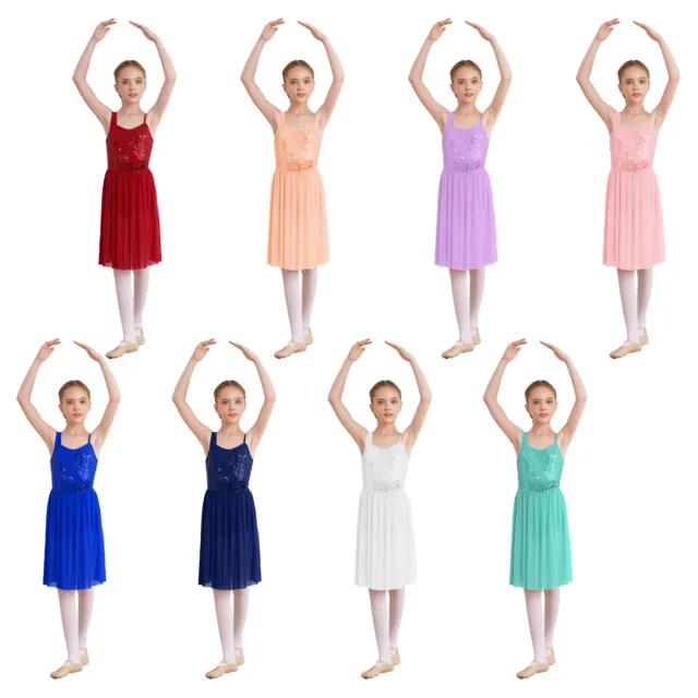 Kids Girls Maxi Contrast Color Dancewear Lyrical Dress Junior Teen Dance Tunic