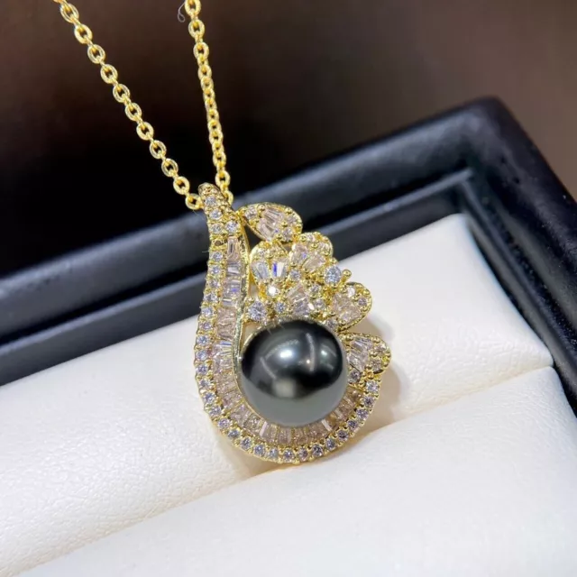 Gorgeous AAAA++++ 9-10MM NATURAL TAHITIAN BLACK STUD PEARL PENDANT NECKLACE 18IN