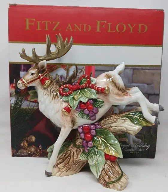 Fitz & Floyd Porcelain Christmas Deer Candleholder Left Facing Bow Cranberrys BS