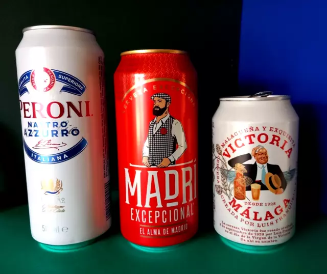 SET x 3 EMPTY 330/440/500ml SPAIN ITALY BEER CANS MADRI, PERONI, VICTORIA MALAGA