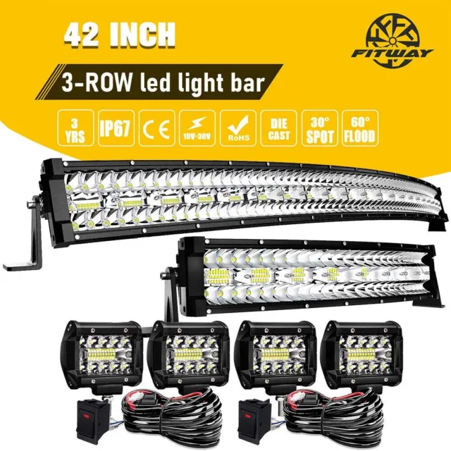 Curved 42"+22" Inch LED Offroad Light Bar Combo+Pods For FORD JEEP SUV 4WD 42"