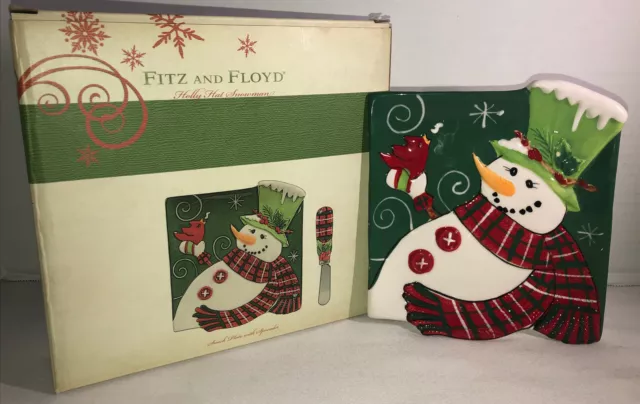 Fitz Floyd Holly Hat Snowman 6.5" x 7" Snack Plate Missing Spreader