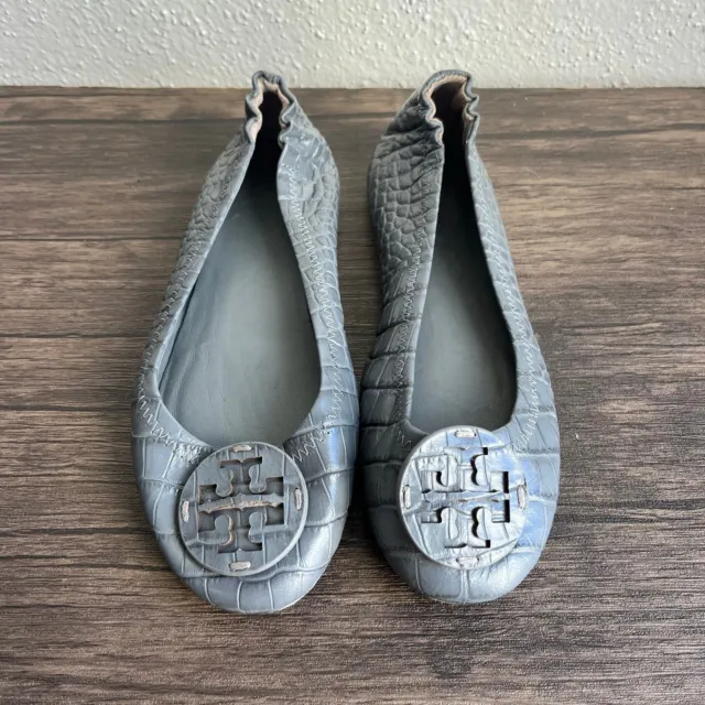 Tory Burch Minnie Travel Ballet Flat Embossed Leather Grey Silver Womens Size 5