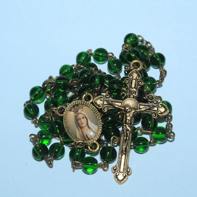 GORGEOUS Rosary Green Clear Glass Beads Gold Tone Crucifix America Needs Fatima