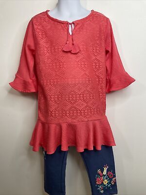 Girl’s -2-piece Outfit S (6-6X) Coral Ruffles Long Sleeves Blue Pants Floral