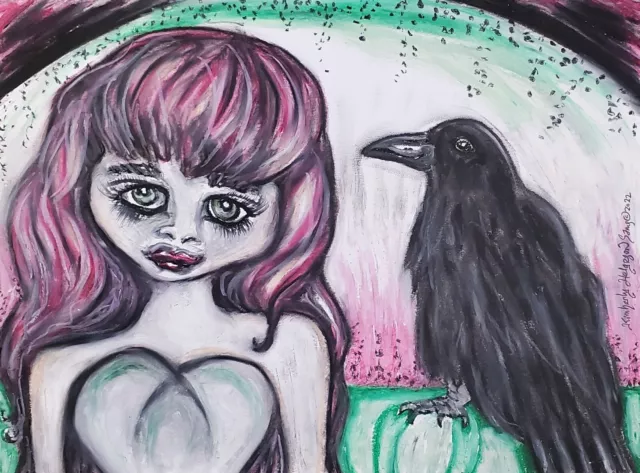 Girl with Raven Crow 4 x 6 Mini Gothic art PRINT Signed Artist KSams
