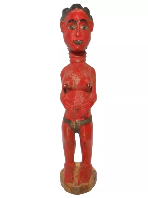 W. AFRICAN MID-20TH C VINT FIGURATIVE RED PNTD POLYCHROME WDN SCULPTURE of WOMAN