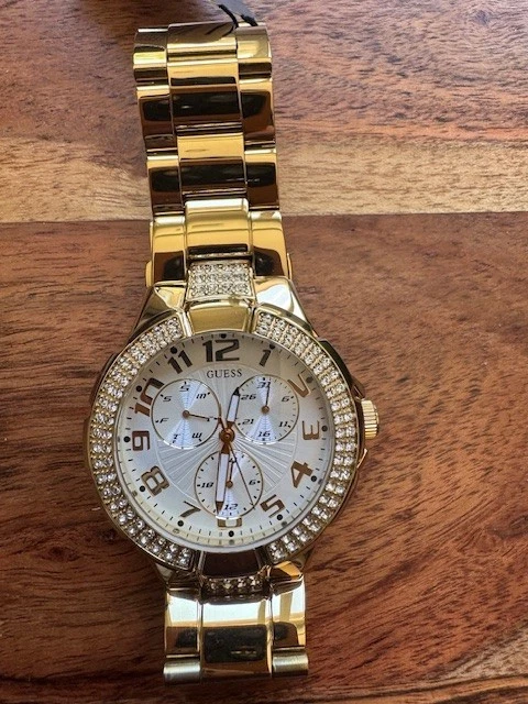 GUESS GOLD TONE Chronograph Watch White Leather Strap Fluted  display picture 1