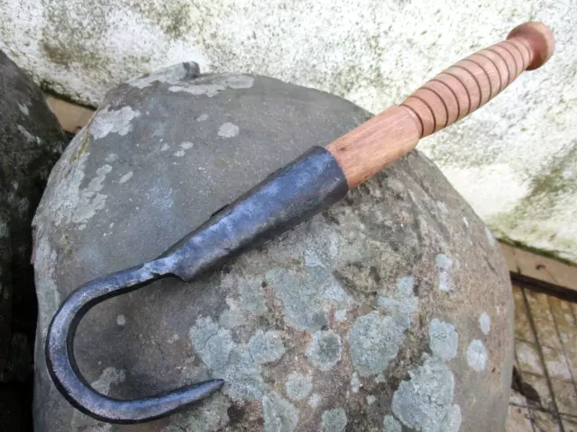 Antique Old Farm Barn Unique Tool Hook Blacksmith Made Wrought Nice Wood Handle