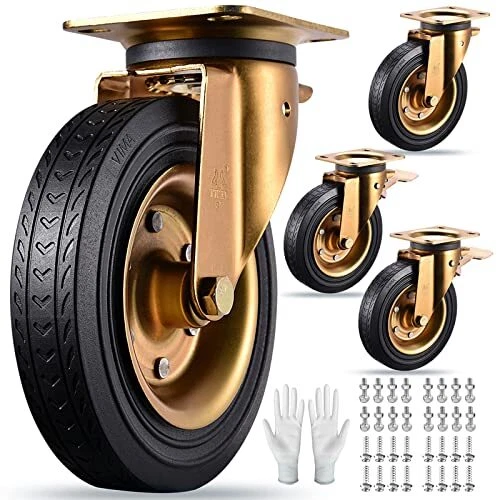 8" Casters Set of 4 Heavy Duty Plate Casters 8 Inch Swivel Industrial Rubber Whe