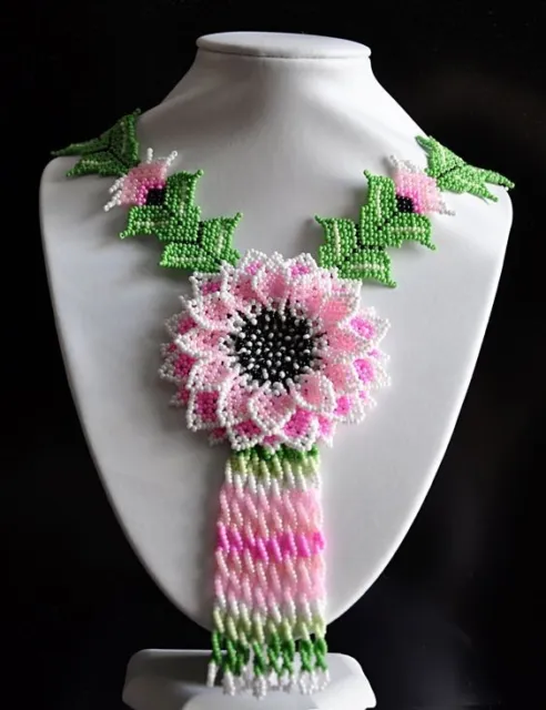 New Beaded Loom Boho  Jewellery Native American Necklace Earring Set  Pink Green