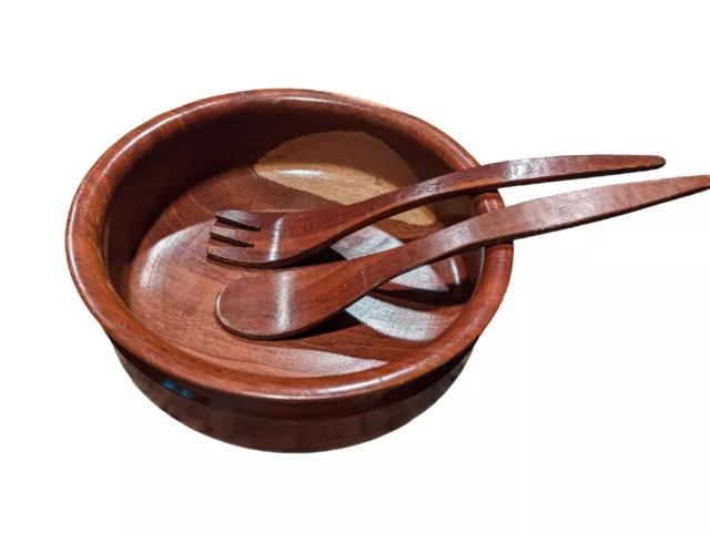 Vtg Large Hand Turned Cherry Wood Salad Bowl With Tossing Spoon And Fork