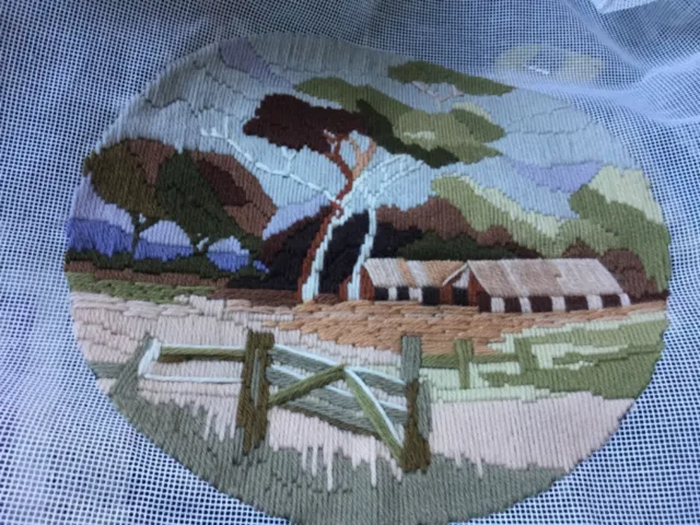 Finished unframed LONGSTITCH embroidery Landscape scene28.5cm diameter Undamaged