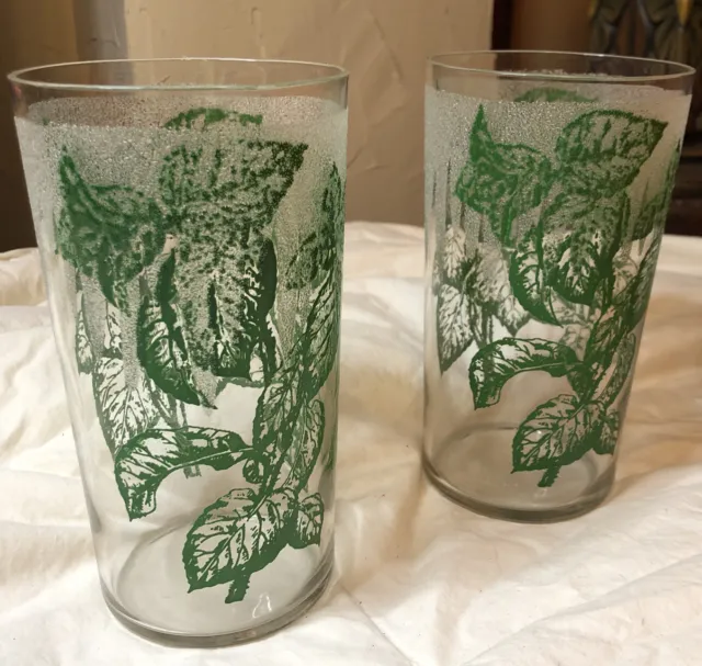 vintage Green leaf pattern frosted top 16 oz drinking glasses set of 2