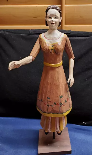 Foreside? Carved Wooden Doll, Jointed Arms - Folk Art Painted Dress