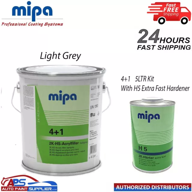 MIPA 4:1 ACRY FILLER 2K PRIMER HIGH BUILD LIGHT GREY 4LTR with H5 1LTR 5LTR KIT