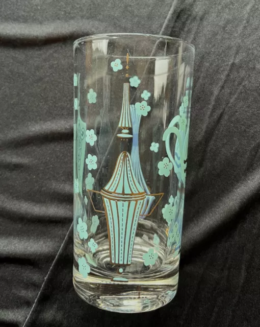 Libbey Glass Gay Fad Barware Turquoise Teal Gold Glasses, Set of 7 3