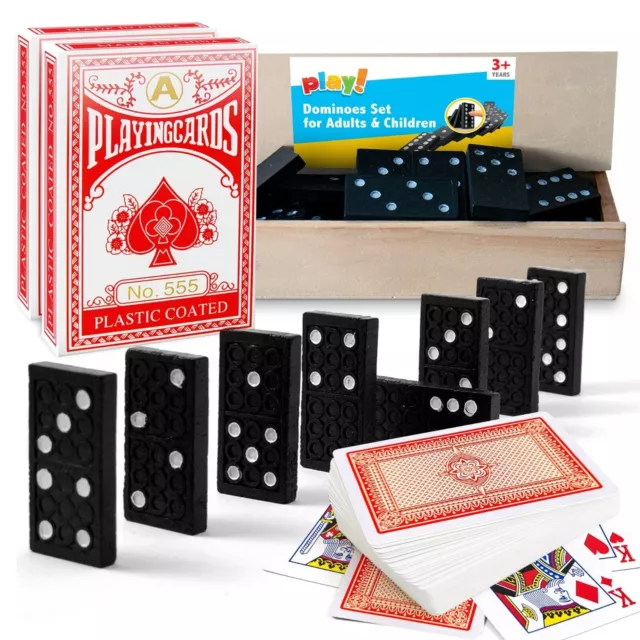 2 Pack Playing Cards Plastic Coated & 28 Dominoes Game Set Wooden Box Dominos