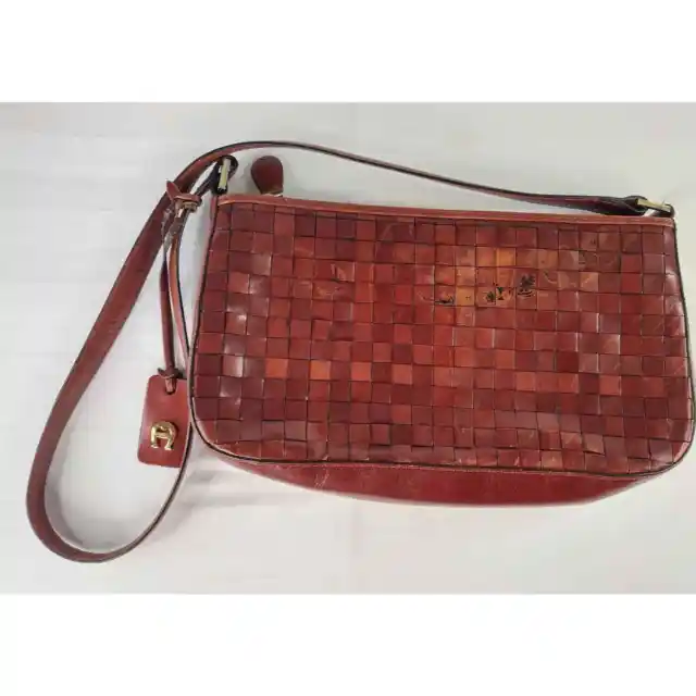 ETIENNE AIGNER 3 Compartment Shoulder Bag Brown Leather Purse Handbag Woven