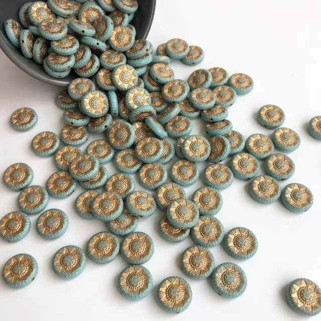 10X Acrylic Beads Round Disc 17x6mm Blue and Gold Enlaced Sun Pattern Craft Bead 2