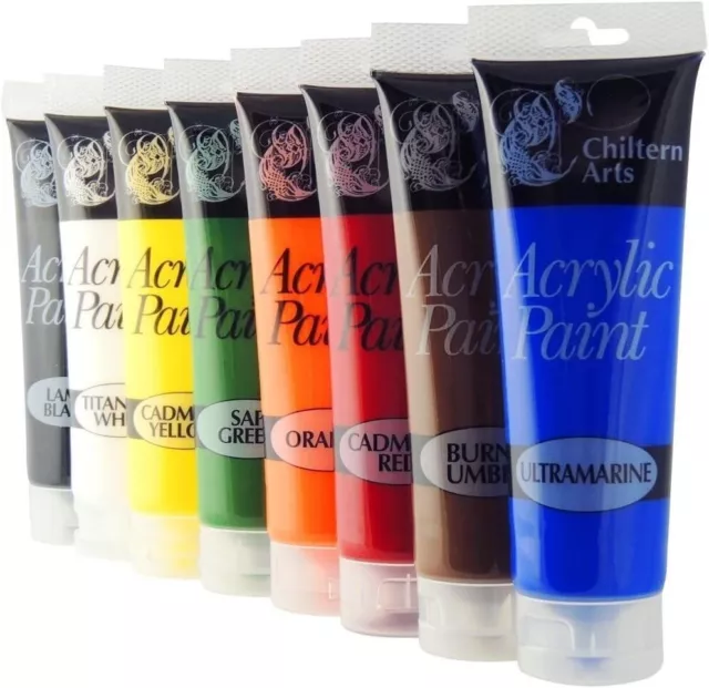 Chiltern Arts 8 Tubes of Assorted Colour Acrylic Paint - Tubes 120 ml Pack of 8