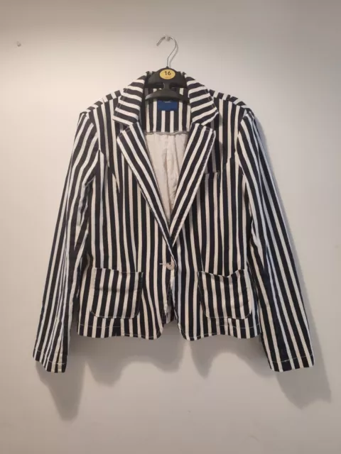 Next navy & white striped denim blazer Jacket. Size 14. Lined And Good Condition