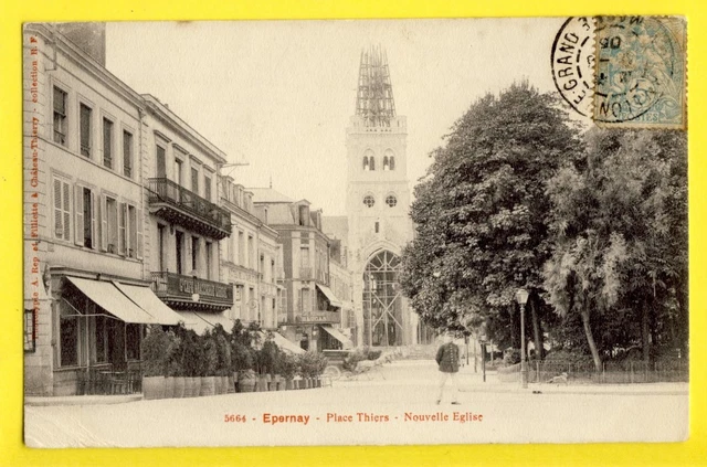 cpa rare EPERNAY Place THIERS Construction of the NEW CHURCH in 1905 Bell Tower